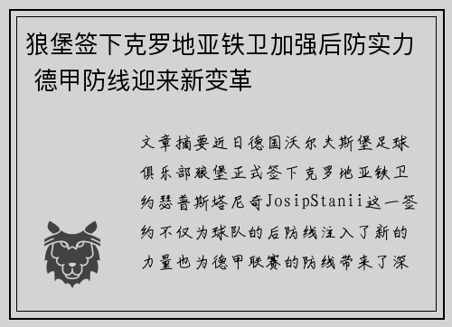 狼堡签下克罗地亚铁卫加强后防实力 德甲防线迎来新变革